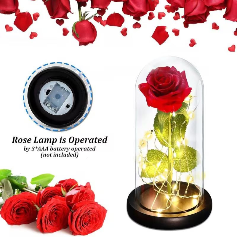Rose éternelle sous cloche en verre avec lumière LED – Rose artificielle en soie, cadeau pour elle, maman, épouse – Parfait pour les occasions spéciales