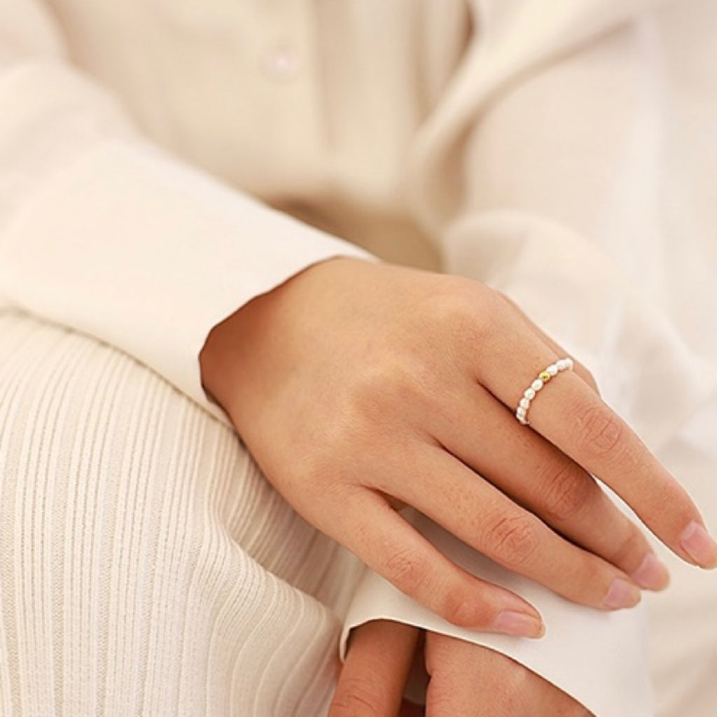 Adjustable Pearl Band Ring With Gold Bead
