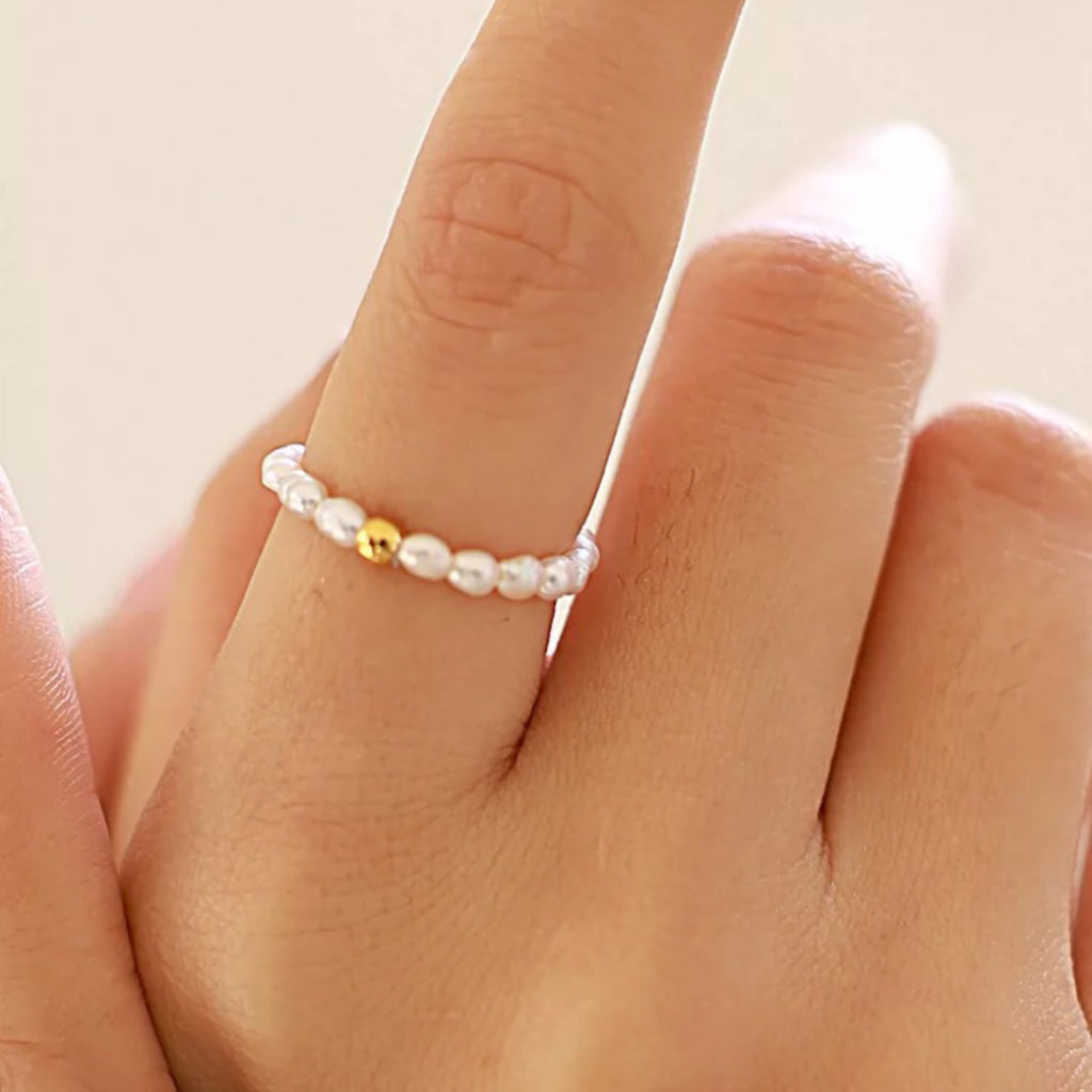 Adjustable Pearl Band Ring With Gold Bead