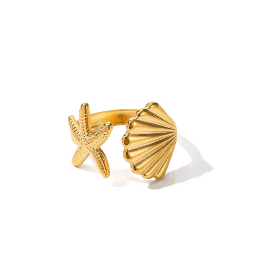 Starfish And Seashell Open Ring