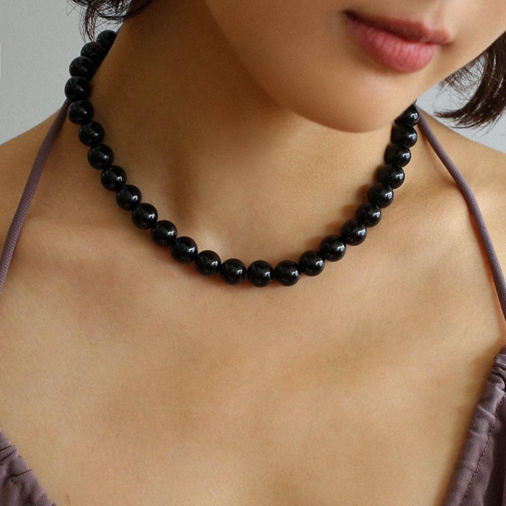 Silver Statement Natural Stone Necklace Black Agate