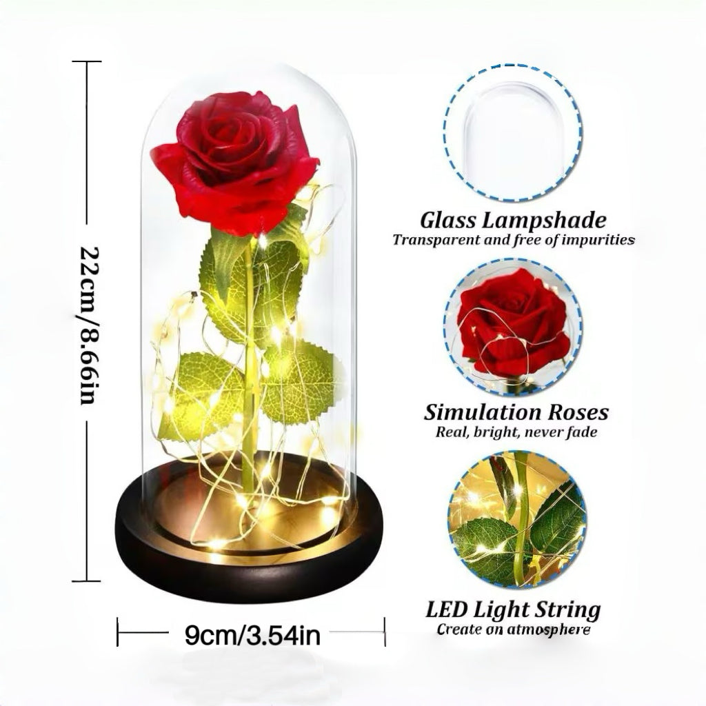Rose éternelle sous cloche en verre avec lumière LED – Rose artificielle en soie, cadeau pour elle, maman, épouse – Parfait pour les occasions spéciales