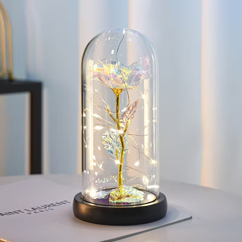 Rose en verre Galaxy avec lumière LED – Fleur en aluminium, cadeau pour elle, maman, épouse – Parfait pour les occasions spéciales