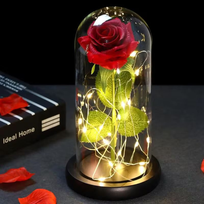 Rose éternelle sous cloche en verre avec lumière LED – Rose artificielle en soie, cadeau pour elle, maman, épouse – Parfait pour les occasions spéciales