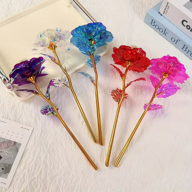 10 PCs Galaxy Rose Gold Foil Artificial Roses – Crystal Flower Gifts for Weddings, Engagements, Mother’s Day, Valentine’s Day & Special Occasions – No Battery Needed, High-Quality Plastic Flowers