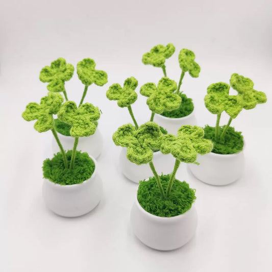 Handmade Crochet Artificial Four-Leaf Clover Potted Plant