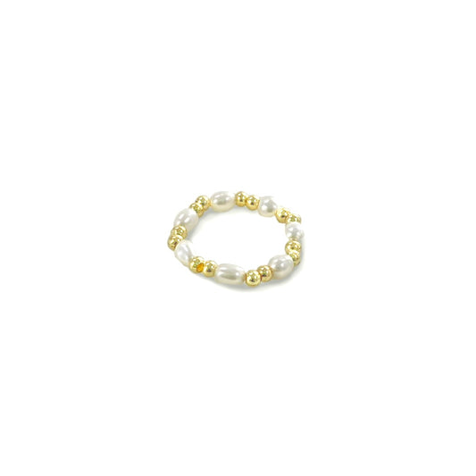 Adjustable Pearl Band Ring With Double Gold Beads